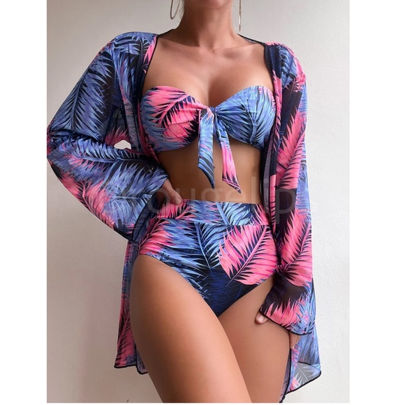 Rouge! Other - Tropical Print Blue Pink 3 Piece Swim Set Kimono Bandeau Top + Bottoms